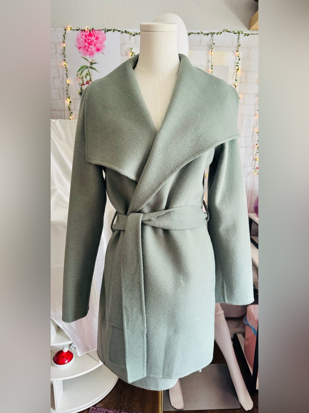 Tahari Sage Green Double Face Wool Blend Belted Wrap Coat